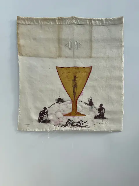 Calice, Ink and gold on an antique embroidered sheet, 2022